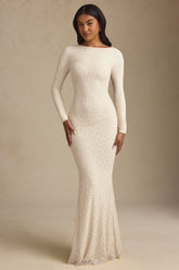 Ruched Backless Lace Maxi Dress in Ivory